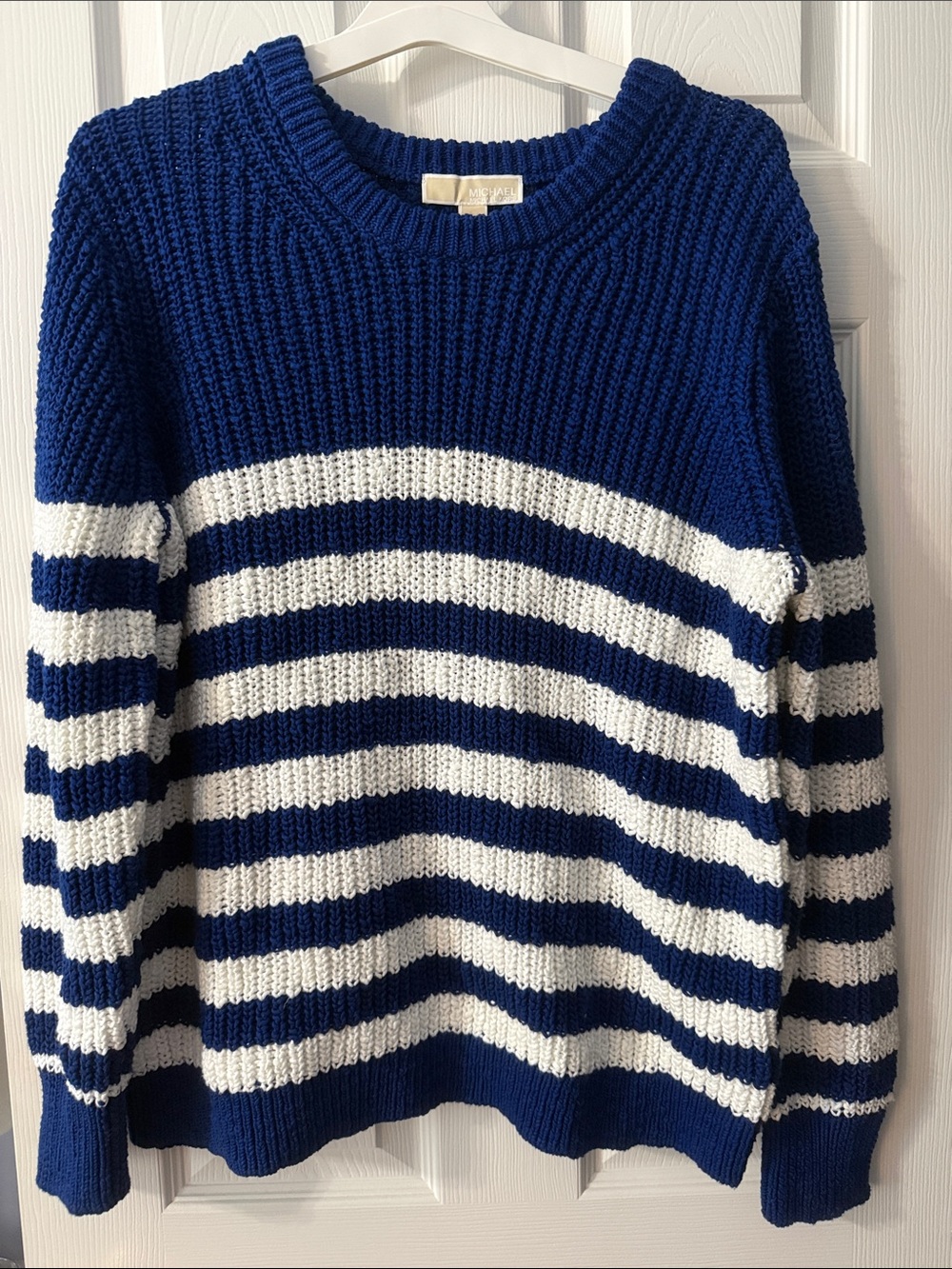 Michael Kors Blue and White Striped Chunky Knit Sweater